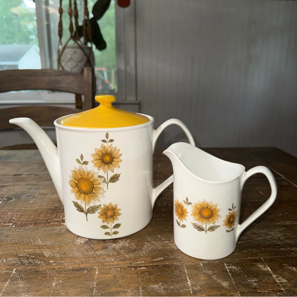 Johnson Bros. Sunflower Pattern Ironstone Teapot and Creamer- White & Yellow